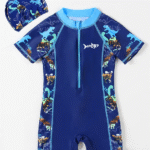 Mark & Mia Half Raglan Sleeves Legged Swimsuit with Dino Print & Cap - Blue